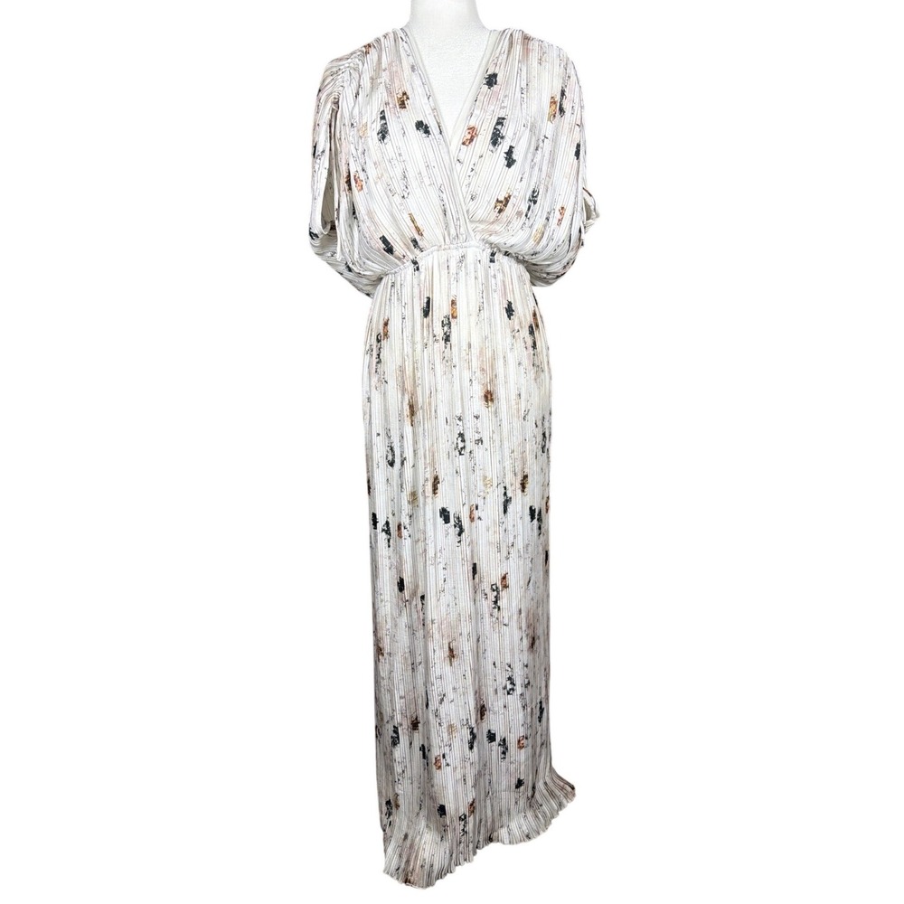 Mango MNG Sienna-A Pleated Maxi Dress Womens 6 Medium Abstract Print V-Neck Gown